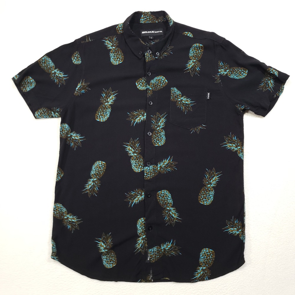 Molokai Surf Co. Button Down Mens Large Black Pineapple Print Rayon Aloha Shirt